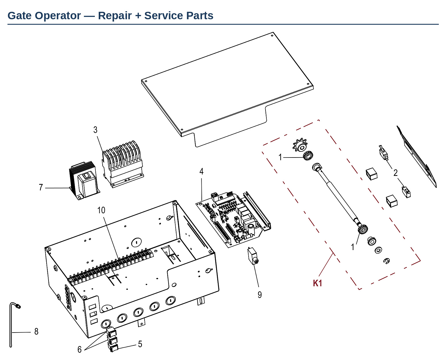 LiftMaster SL575, SL585 and SL595 commercial slide gate operator control box replacement parts diagram