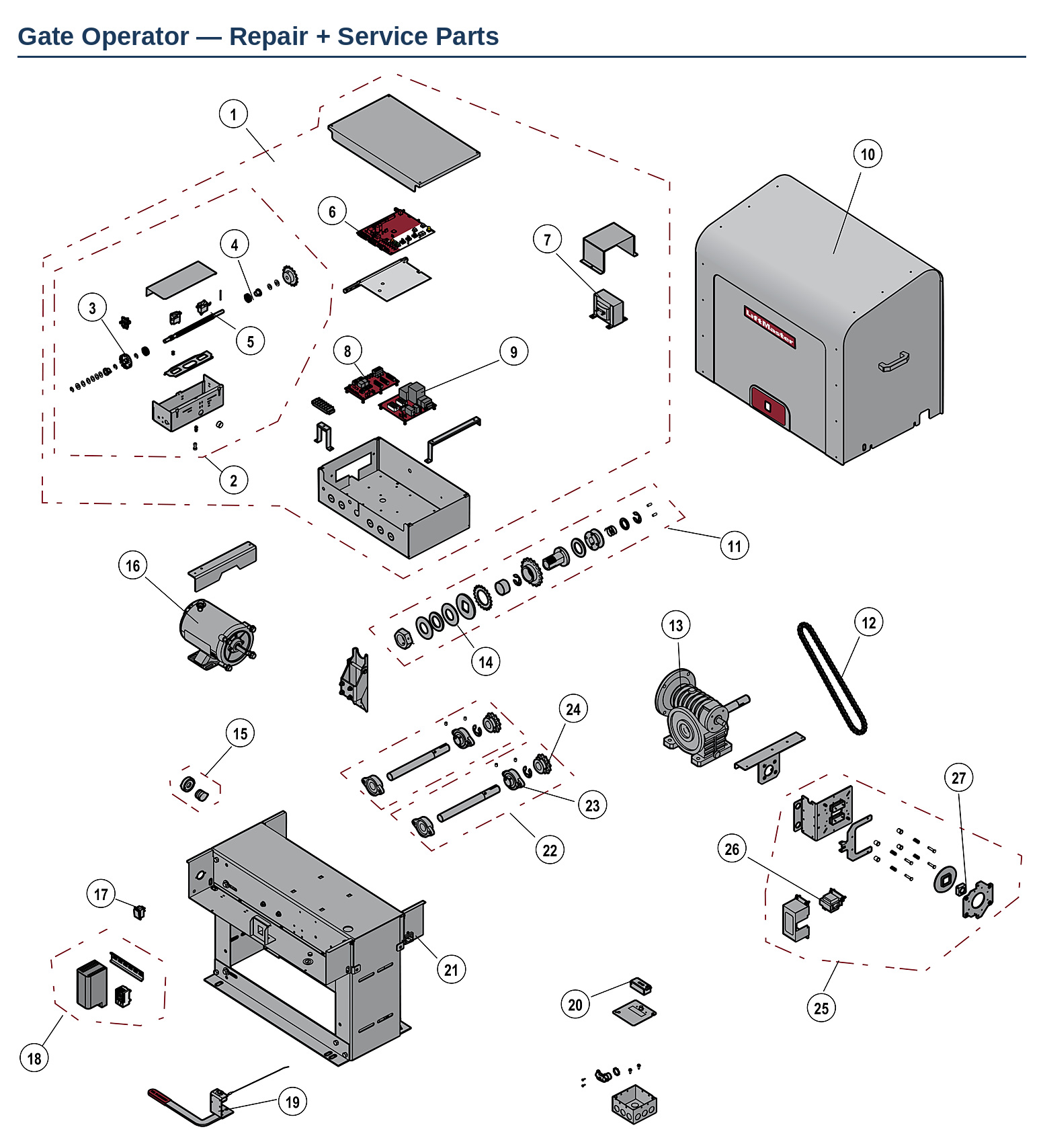 LiftMaster SL585U and SL585UL commercial slide gate operator replacement parts diagram