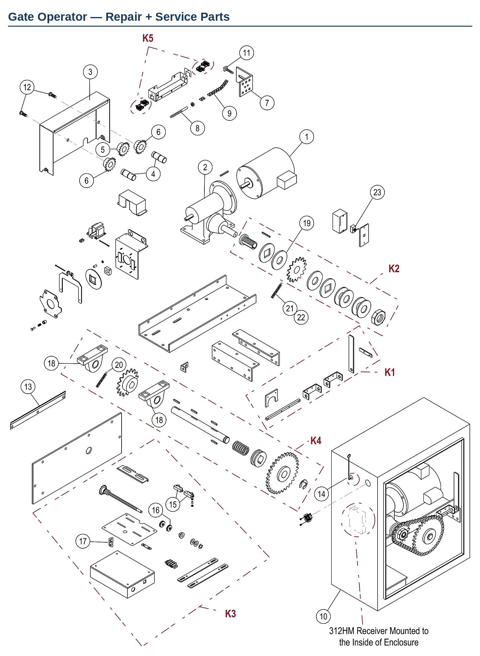 LiftMaster SL595 and SL595GL commercial slide gate operator replacement parts diagram