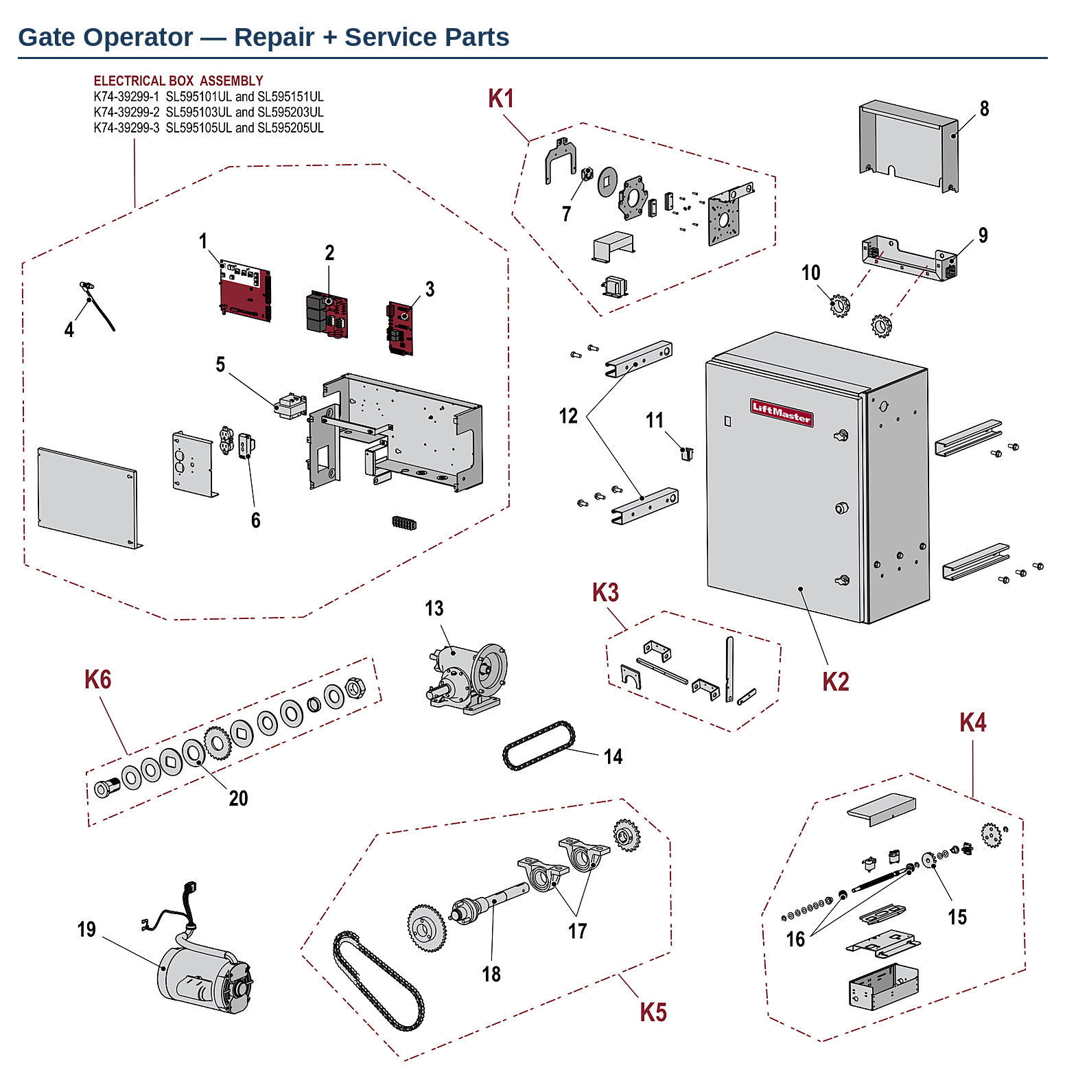 LiftMaster SL595U and SL595UL commercial slide gate operator replacement parts diagram