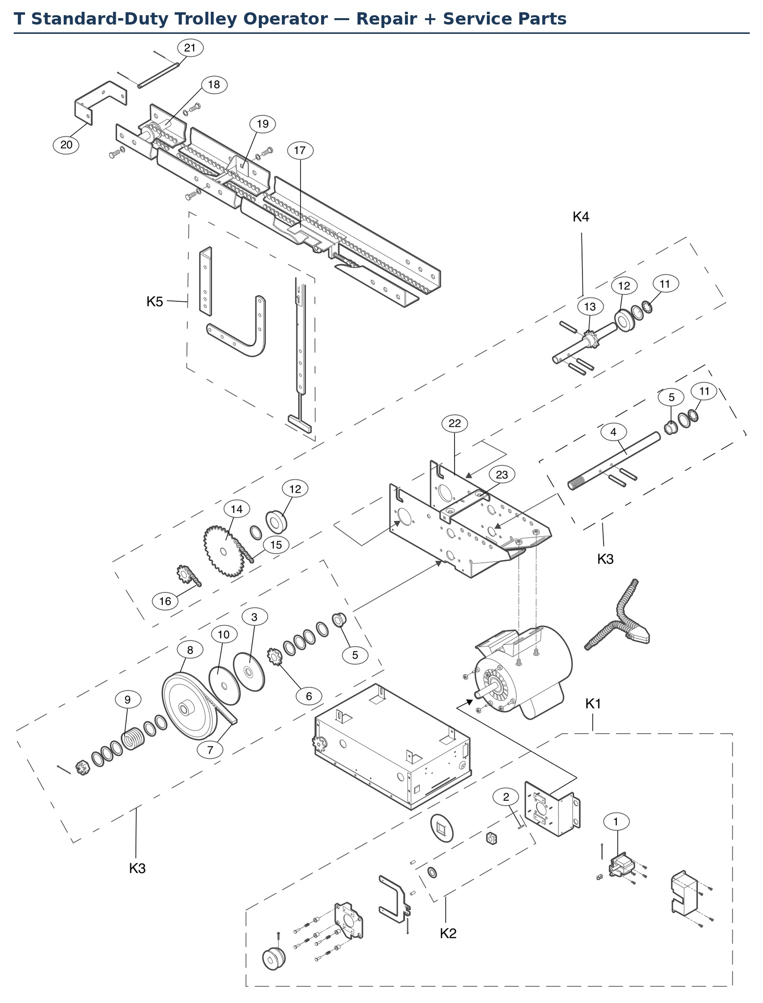 LiftMaster T5011 standard-duty trolley operator replacement parts diagram