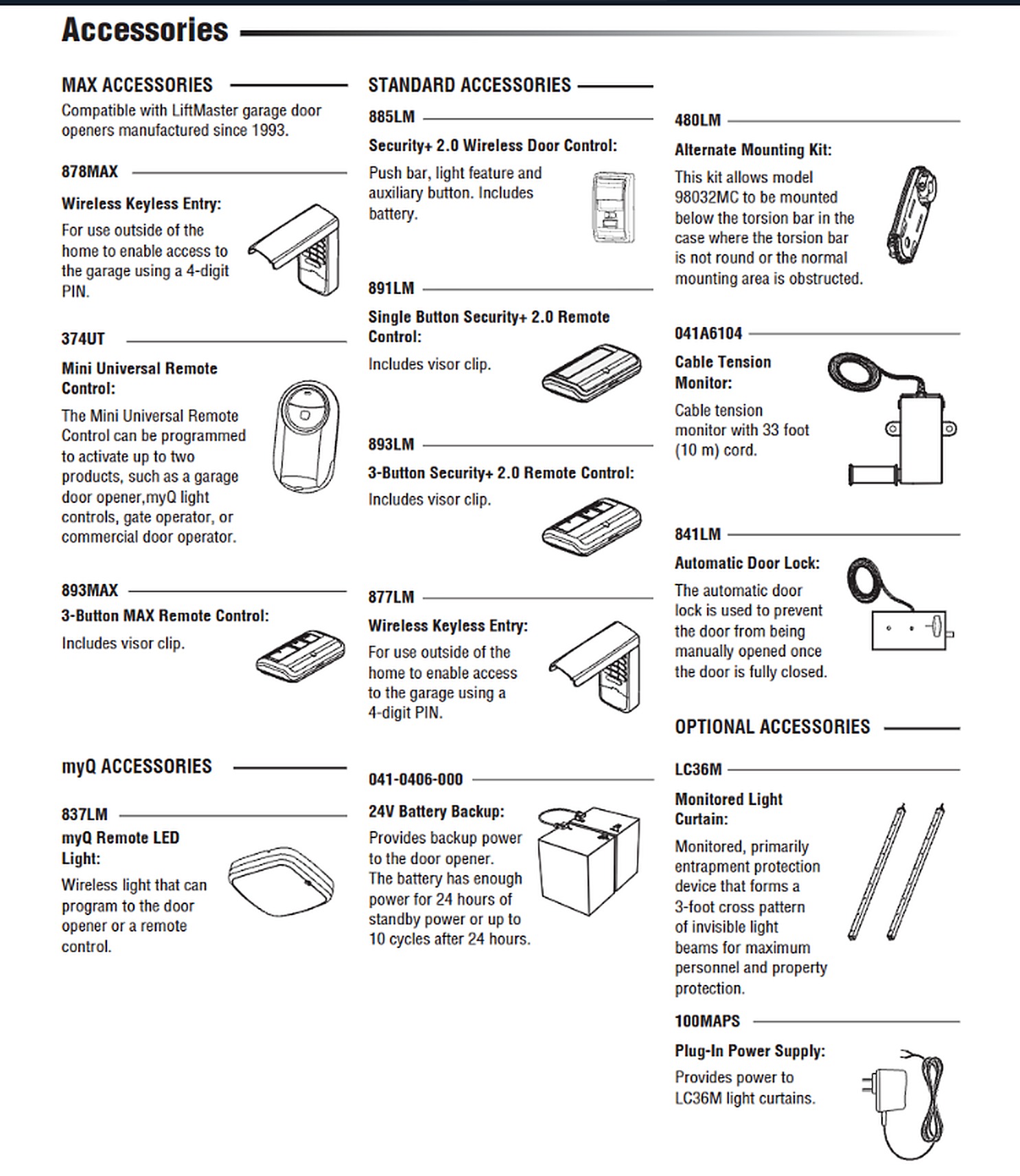 LiftMaster wall mount opener accessories page from the owner's manual: 878MAX, 374UT, 893MAX, 837LM, 885LM, 891LM, 893LM, 877LM, 041-0406-000 battery backup, 480LM, 041A6104, 841LM, LC36M, 100MAPS