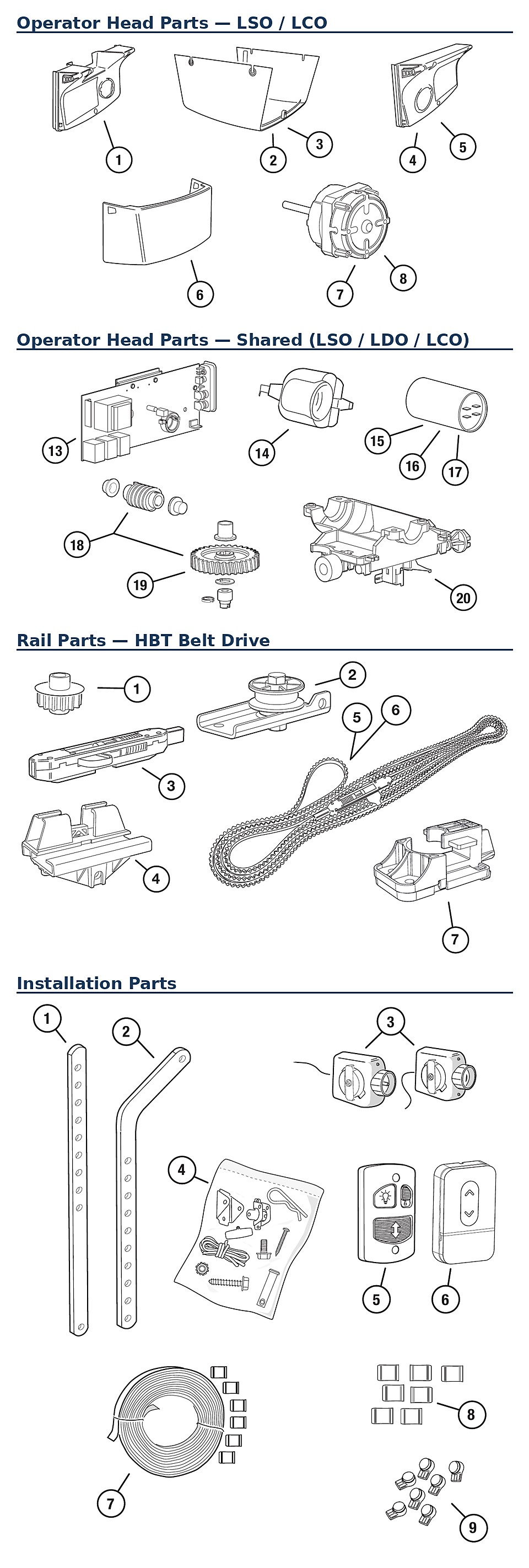 Linear LSO50-2T1KB8 8 foot belt drive garage door opener replacement parts diagram