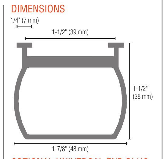Miller Edge ME123 cross-section dimensions, 1-7/8 inch wide by 1-1/2 inch high with 1/4 inch groove