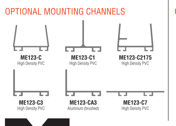 Miller Edge ME123 optional mounting channel profiles: ME123-C, C1, C2175, C3, CA3 and C7