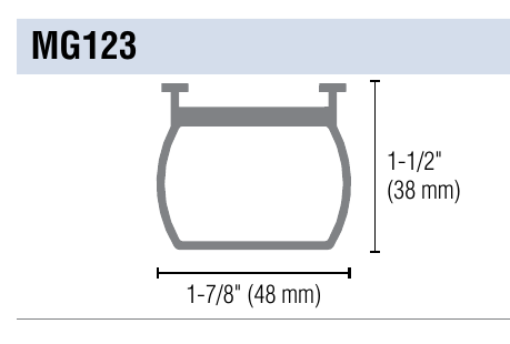 Miller Edge MG123 cross-section dimensions, 1-7/8 inch wide by 1-1/2 inch high