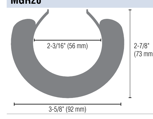 Miller Edge MGR20 cross-section, 3-5/8 inch wide by 2-7/8 inch high, 2-3/16 inch inner opening for 2 inch round gate posts
