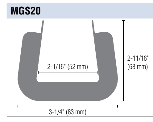 Miller Edge MGS20 cross-section, 3-1/4 inch wide by 2-11/16 inch high, 2-1/16 inch inner opening for 2 inch square gate posts