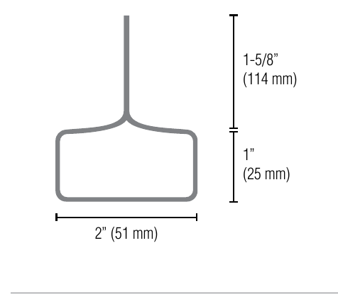 Miller Edge MT21 profile dimensions, 2 inch wide by 1 inch body with 1-5/8 inch mounting tab