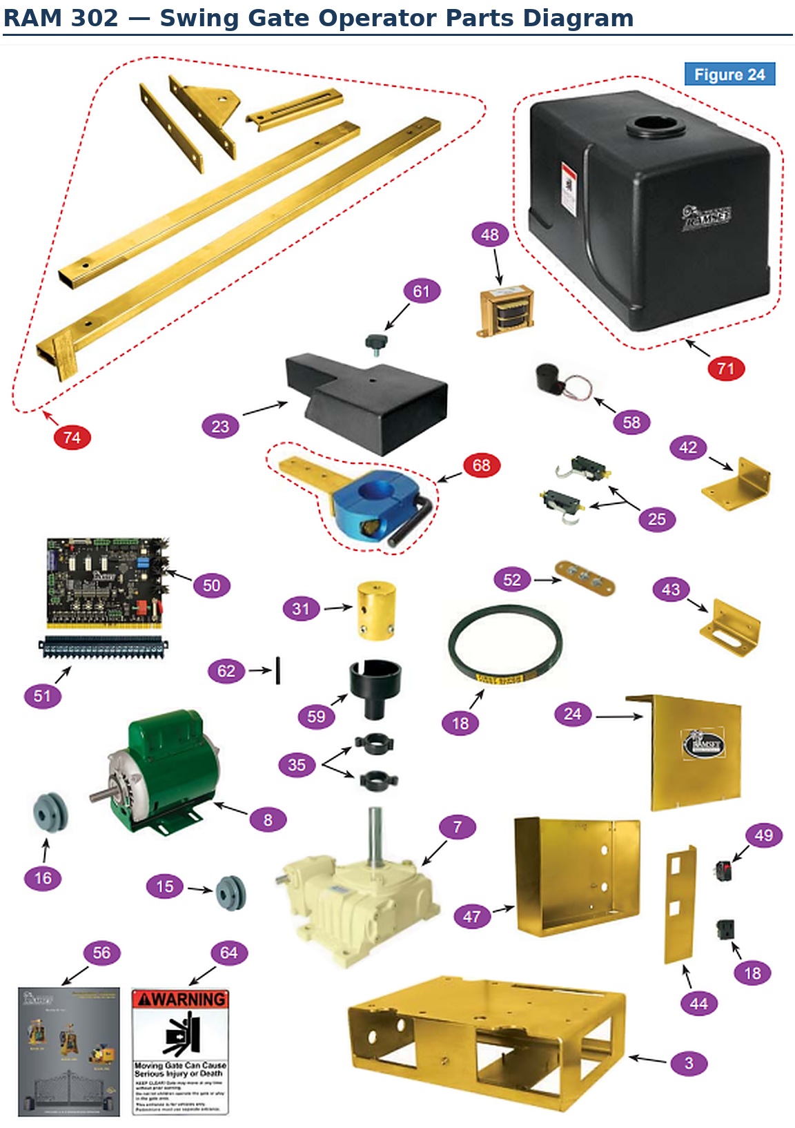 Ramset RAM 302 swing gate operator (gate opener) replacement parts diagram