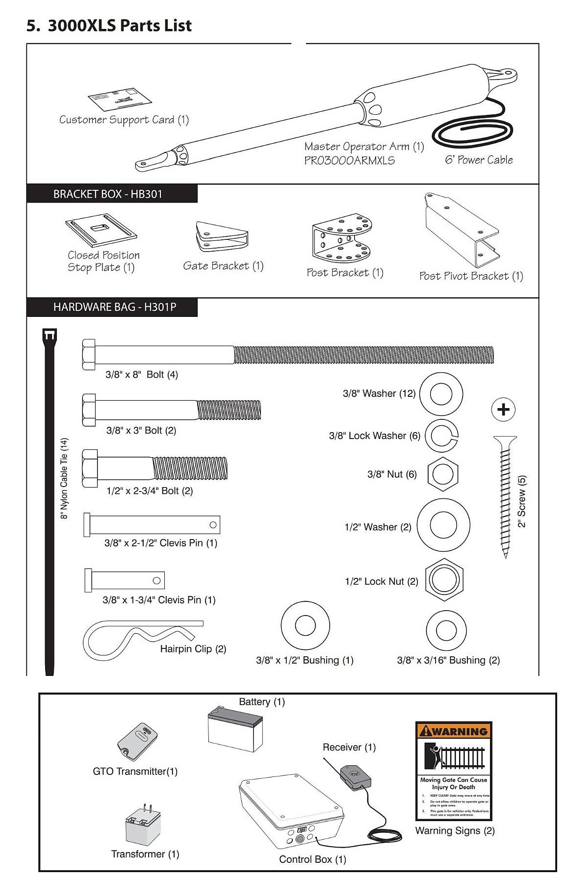 GTO PRO SW3000XLS gate operator replacement parts diagram - operator arm, bracket box, hardware bag and electronics