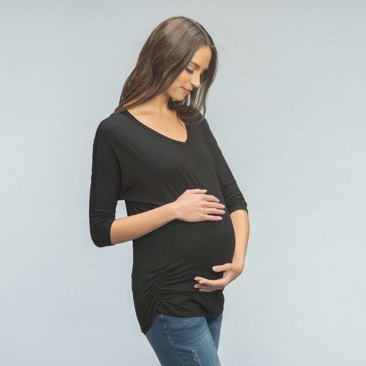 Black Maternity Ruched Casual Tee, Women's Tops