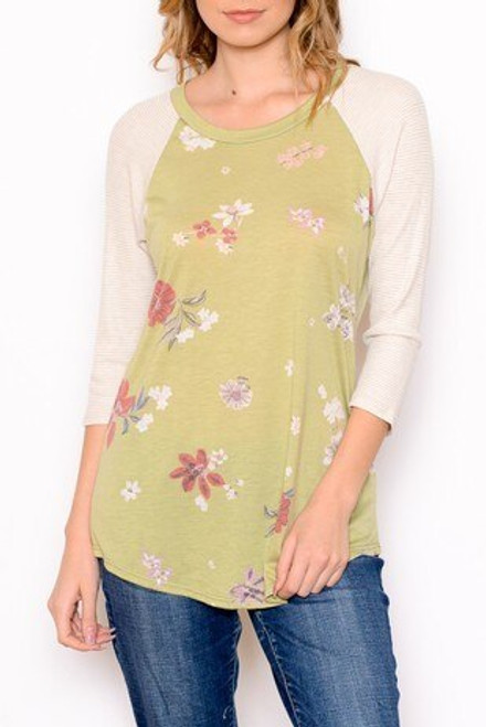 Floral printed maternity top with striped 3/4 length sleeves, in relaxed fit, with round neck, and side slits.