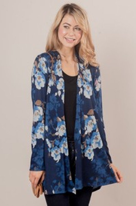 Floral printed knit long line maternity cardigan with open front and long sleeves.

Origin : USA