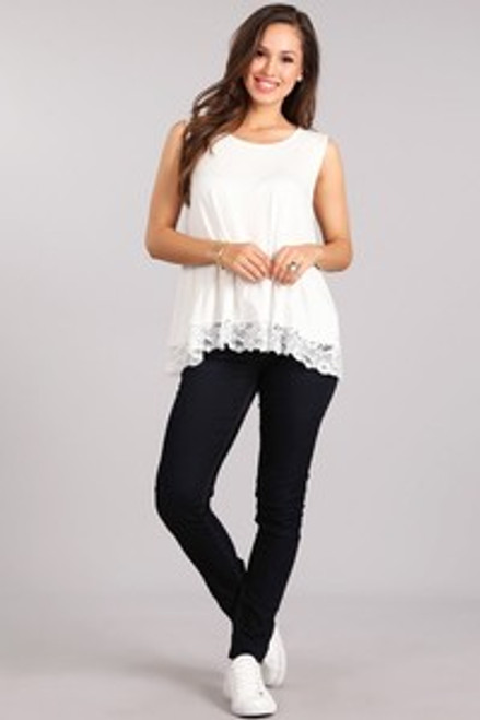 Ivory Knit, sleeveless, tunic maternity top in a loose fit with a crew neck, lace trim, and hi-low hem.


Origin : USA