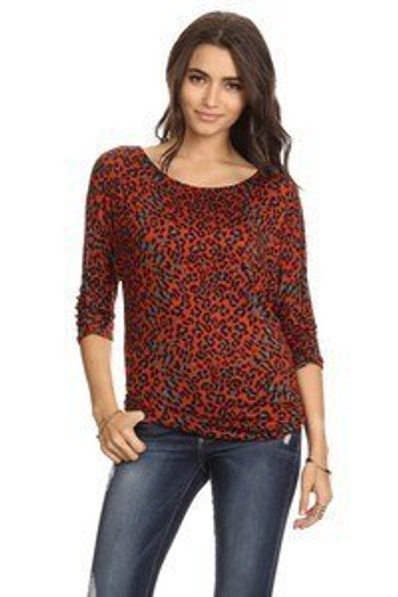 Animal print 3/4 sleeve relaxed fit maternity tunic with round neck and ruched detailing.