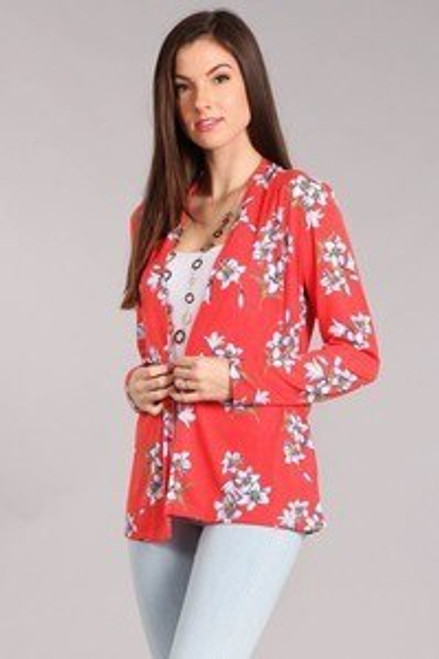 Red floral printed maternity knit cardigan with open front and long sleeves.


Origin : USA