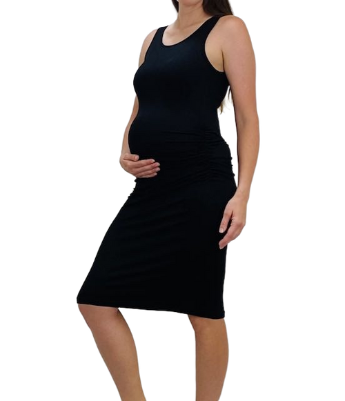 A sleeveless, maternity dress with a rounded neck line and ruched sides for a form-fitting silhouette. This dress is versatile enough to go from casual to date night!