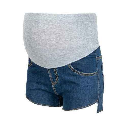 A pair of dark wash maternity jean shorts with a comfortable grey belly band, five pockets and an asymmetrical rounded raw hem.