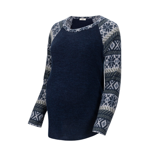 A navy raglan sleeve maternity sweater top made of super soft knit material featuring a rounded neck and an ornate winter print on the sleeves.