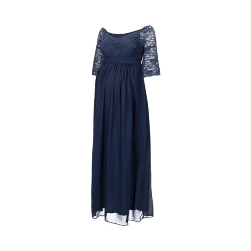 A chiffon maternity evening gown featuring a lace off shoulder top, semi-sheer 3/4 bell sleeves, a sweetheart neckline, a padded bust, a hidden zipper back closure, and double lining to prevent sheerness.