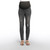 Black ankle maternity skinny jeans with distressed detail, raw hem, and black belly band.