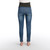 Dark wash skinny ankle maternity jean with distressed detailing and a black belly band.