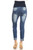 Light wash maternity jean capris with a cuffed hem, five pockets and a navy belly band.