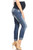 Light wash maternity jean capris with a cuffed hem, five pockets and a navy belly band.