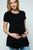 A black short sleeve maternity and nursing top featuring a rounded neckline.