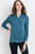 A teal long sleeve maternity and nursing top featuring a v-neck and wrap accent.