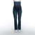 Dark blue flared maternity jeans, featuring five pockets, a raw hem and a navy elastic belly band.