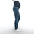 Dark blue skinny maternity jeans, featuring four pockets and a navy elastic belly band.