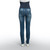 Dark blue skinny maternity jeans, featuring four pockets and a navy elastic belly band.