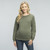 Solid hued long sleeve maternity sweater. Knit material. Rounded neckline.