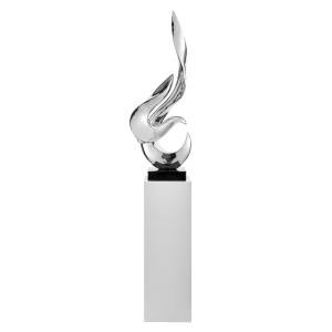 Chrome Flame Floor Sculpture With White Stand, 44in Tall  - Flame-C/W