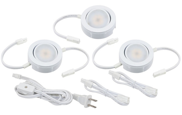 MVP LED Puck Light 120 Volts 4.3 Watts 230 Lumens White 3 Puck Kit with Roll Switch and 6 Foor Power Cord White - MVP-3-WH