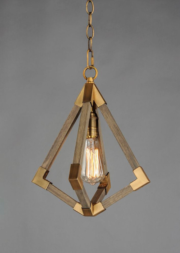 Vector Single Pendant Weathered Oak with Antique Brass - 12259WOAB