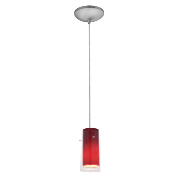 Glass`n Glass Cylinder Pendant Clear Red Sky Brushed Steel - 28033-1C-BS/CLRUSKY