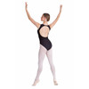 Woman wearing Studio 7 Dancewear Chloe mesh detailed leotard in black, front view