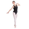 Woman wearing Studio 7 Dancewear Chloe mesh detailed leotard in black, side view