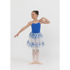 Woman wearing Studio 7 Dancewear Floral Romance tutu dress in Royal Blue, front view