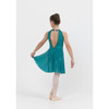 Woman wearing Studio 7 Dancewear Amelia lyrical lace dress in Jade, back view showing open back
