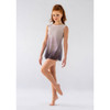 . Woman wearing Studio 7 Dancewear Ombre mesh slip lyrical dress in Grey, front view