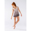 Woman wearing Studio 7 Dancewear Ombre mesh slip lyrical dress in Grey, back view