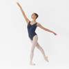 Studio 7 Dancerwear Misty low back ballet leotard in paris blue, shown on dancer front view with dipped neckline and classic fitted silhouette