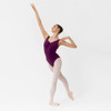 Studio 7 Dancerwear Misty low back ballet leotard in plum, shown on dancer front view with dipped neckline and classic fitted silhouette