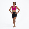 Dancer front wearing Energetiks Addison T-Cut Racer Back Crop Top in Mulberry, adult sizes