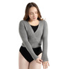 Woman wearing Capezio ballet knit wrap sweater top in grey, front view