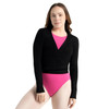 Woman wearing Capezio ballet knit wrap sweater top in black, front view